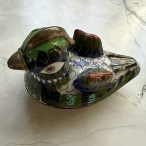 Vintage Miniature Cloisonné Brass Enamel Duck Trinket Box 2.5" Green Blue